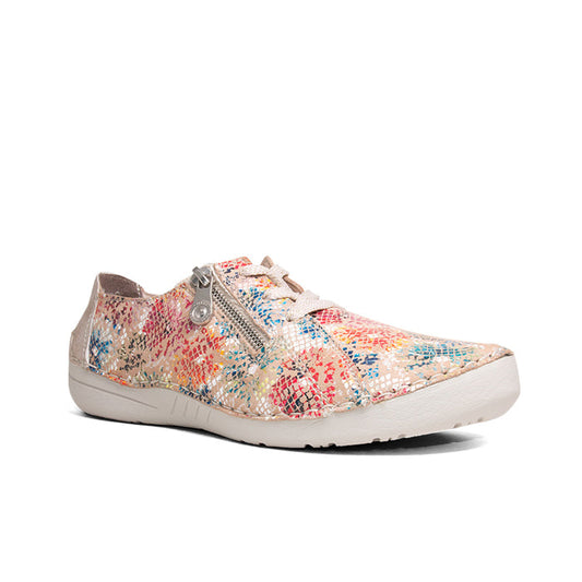 Multicolor women’s sneakers with front zip, lace-up, and white rubber sole