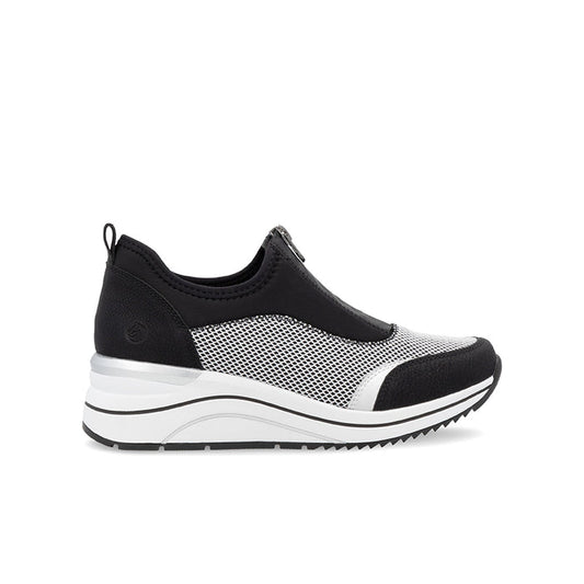 Women's outdoor sneakers with mesh panel, black and gray, chunky white sole