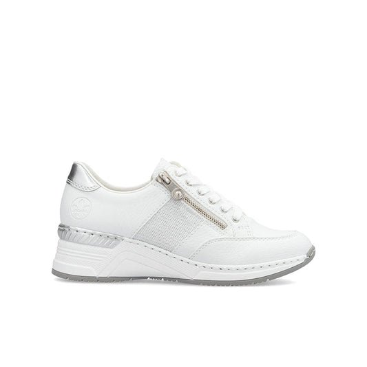 White leather sneaker with side zip and lace-up, comfort platform sole