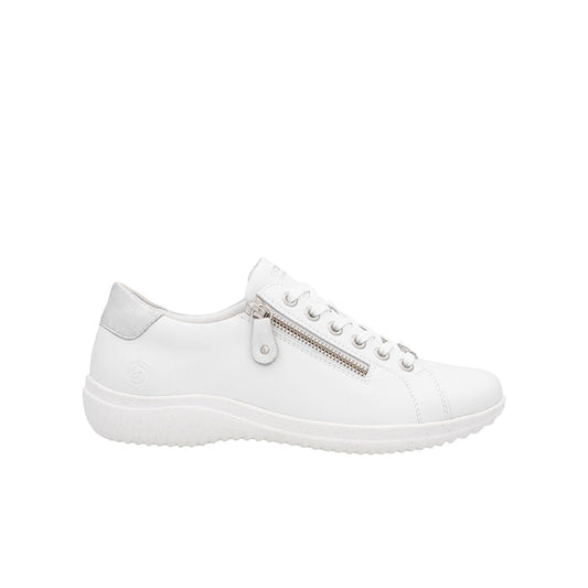 White sneakers with side zipper, lace-up front, cushioned sole