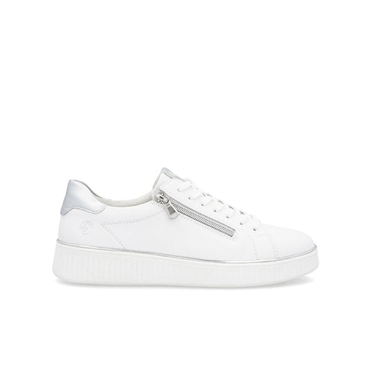 White low-top sneakers with side zip, lace-up front, and thick rubber sole