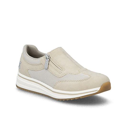 Beige women’s wide-fit sneakers with side zip and breathable mesh panels