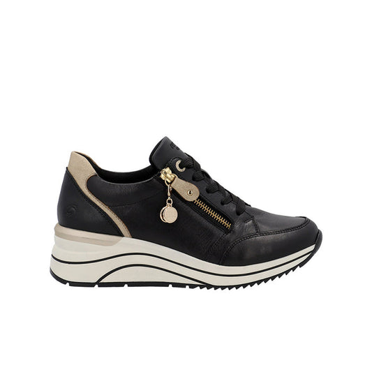 Black women's sneakers with side zip and gold-tone charm on lace-up upper