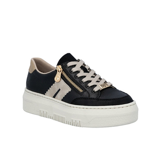 Low-top lace-up casual sneakers, black with beige panels and white rubber sole