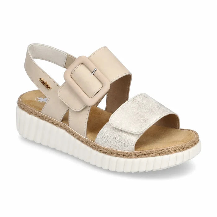 Beige wedge sandals with adjustable buckle strap and open toe, wide fit