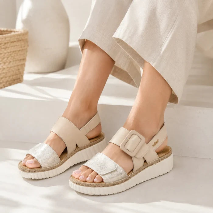 Beige wedge sandals with two straps and adjustable buckle, open toe
