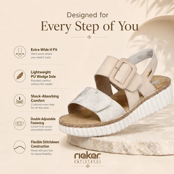 Beige PU wedge sandals with extra-wide fit and shock-absorbing sole