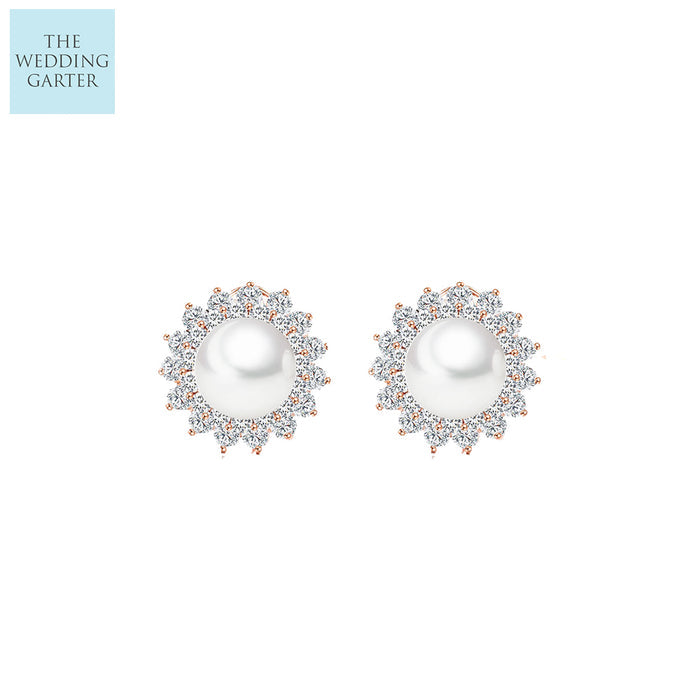 Romantic CZ Diamond & Pearl Women's Stud Earrings - The Wedding Garter