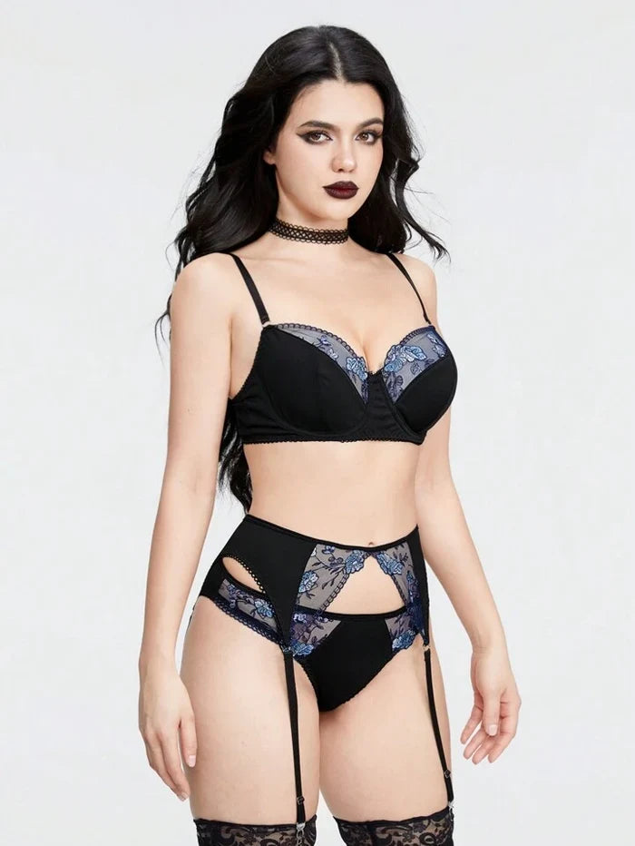 ROMWE Goth Women Contrast Lace Floral Embroidered Sexy Lingerie Set( without stockings)