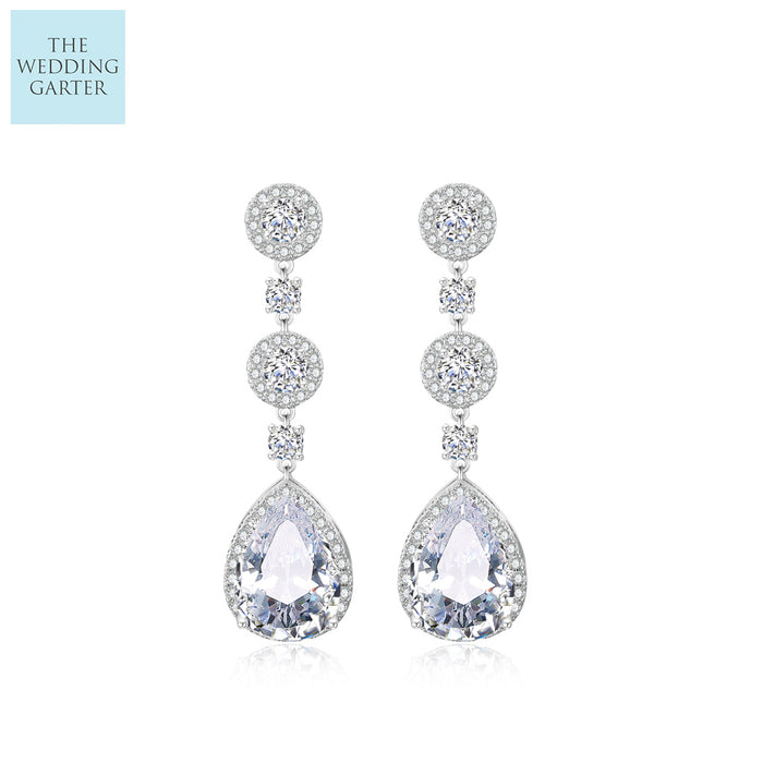 Rose Gold Long Dropper CZ Crystal Bridal Earrings - The Wedding Garter