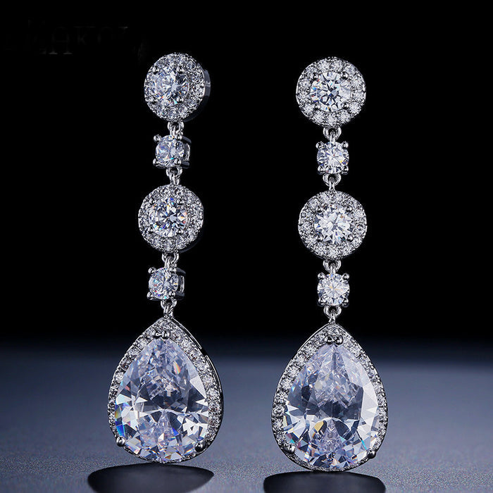 Rose Gold Long Dropper CZ Crystal Bridal Earrings - The Wedding Garter