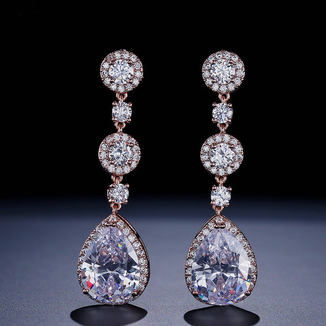 Rose Gold Long Dropper CZ Crystal Bridal Earrings - The Wedding Garter