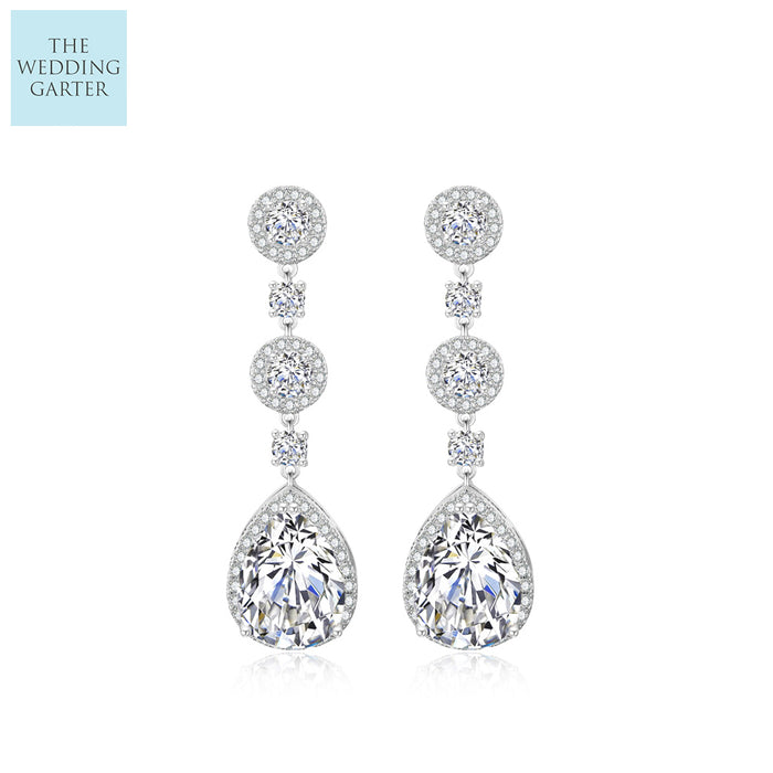Rose Gold Long Dropper CZ Crystal Bridal Earrings - The Wedding Garter