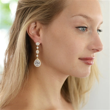Rose Gold Long Dropper CZ Crystal Bridal Earrings - The Wedding Garter