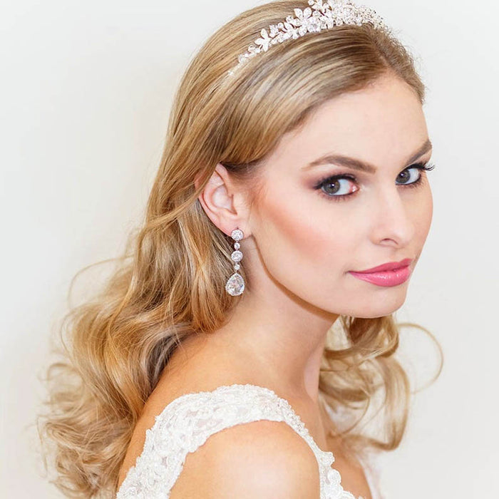 Rose Gold Long Dropper CZ Crystal Bridal Earrings - The Wedding Garter