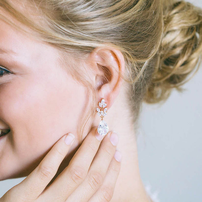 Rose Gold Tear Drop CZ Diamond Bridesmaid Earrings - The Wedding Garter