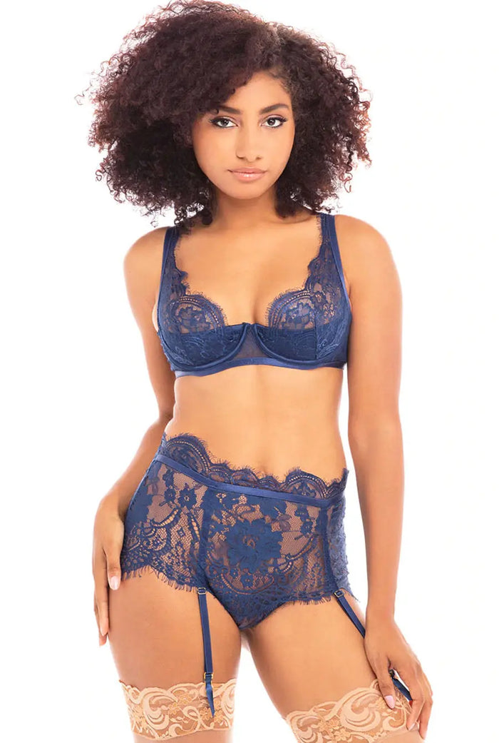 Royal Blue Eyelash Lace Bra & Garter Set - The Wedding Garter