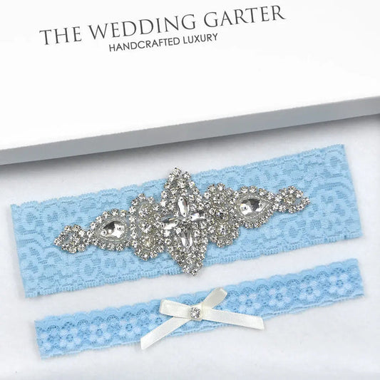 Sara Blue Lace & Rhinestone Bridal Garter Set Online - The Wedding Garter
