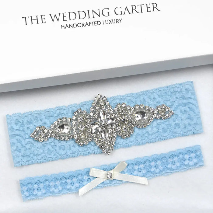 Sara Blue Lace & Rhinestone Bridal Garter Set Online - The Wedding Garter