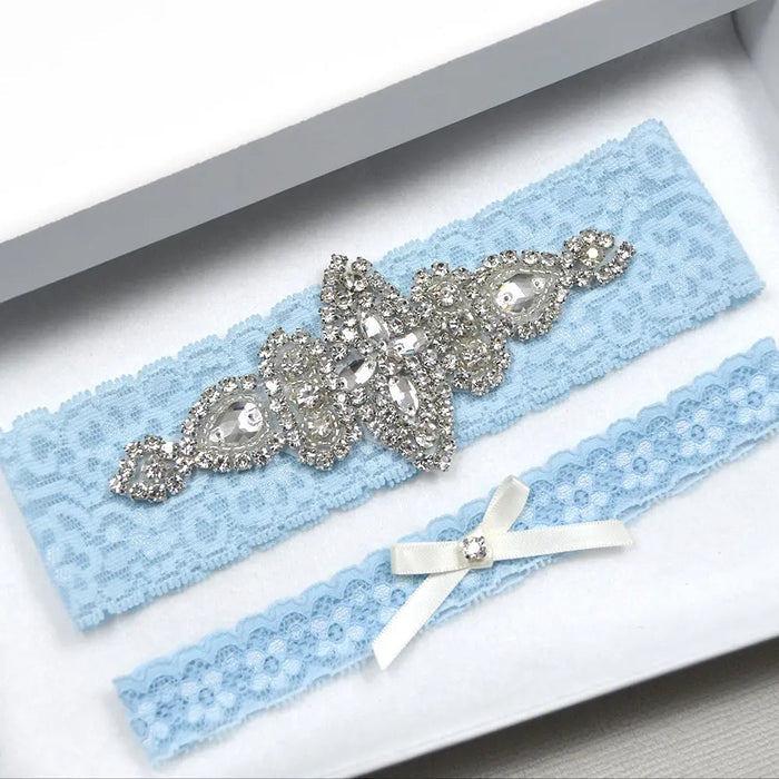 Sara Blue Lace & Rhinestone Bridal Garter Set Online - The Wedding Garter