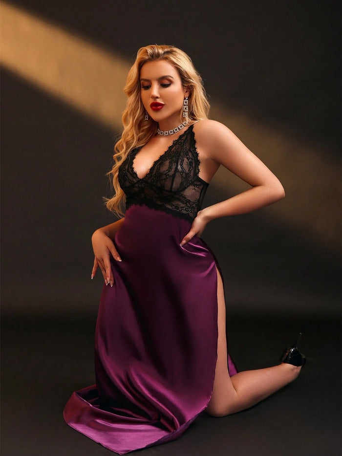 Sexy Lace Patchwork Satin High Slit Women's Nightgown