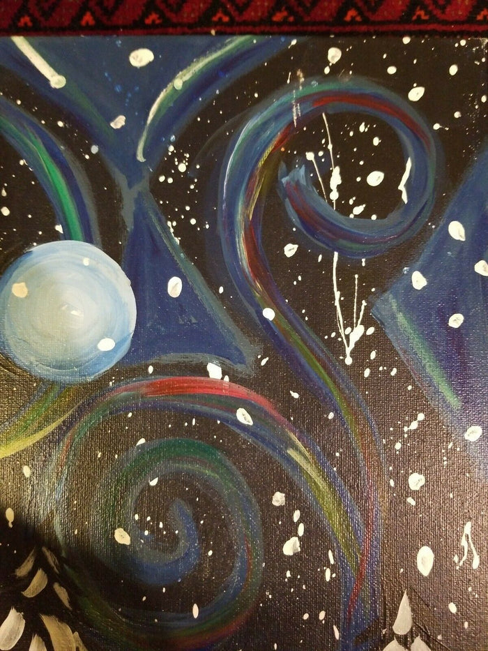 Signed Stylized Painting of Evening Snow Scene on Canvas