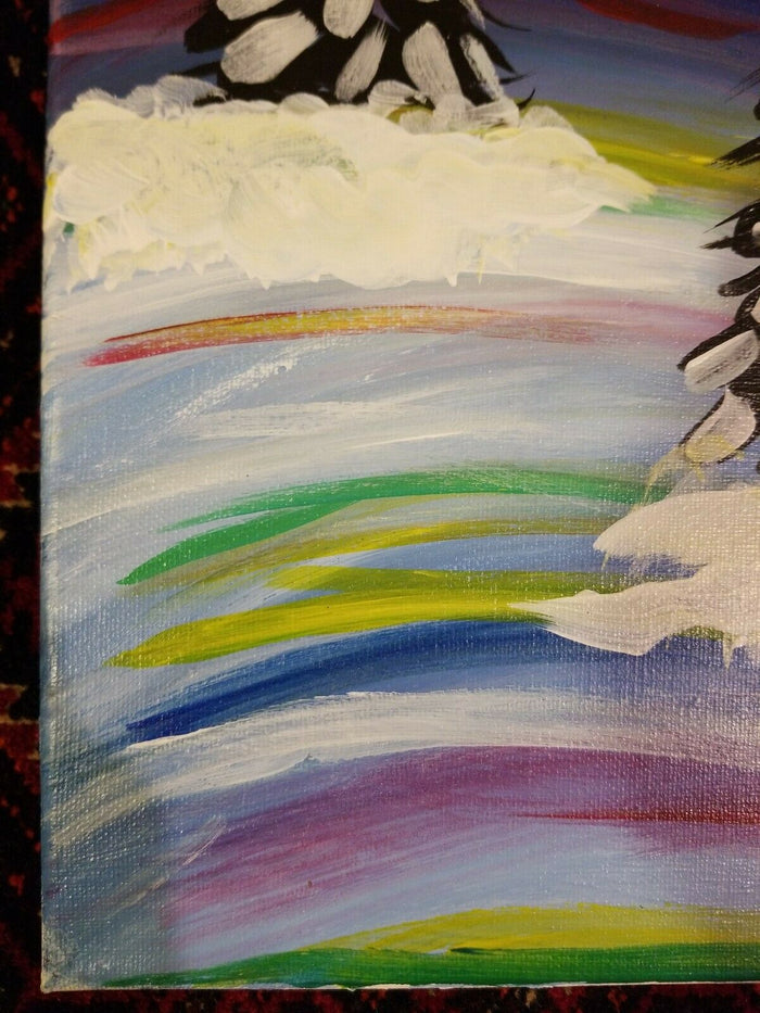 Signed Stylized Painting of Evening Snow Scene on Canvas