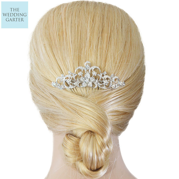 Silver Crystal Flower Bridal Headpiece Comb - The Wedding Garter