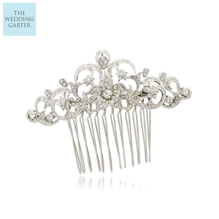 Silver Crystal Flower Bridal Headpiece Comb - The Wedding Garter