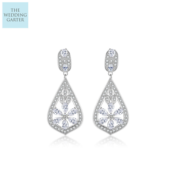 Silver CZ Crystal Floral Dropper Earrings - The Wedding Garter