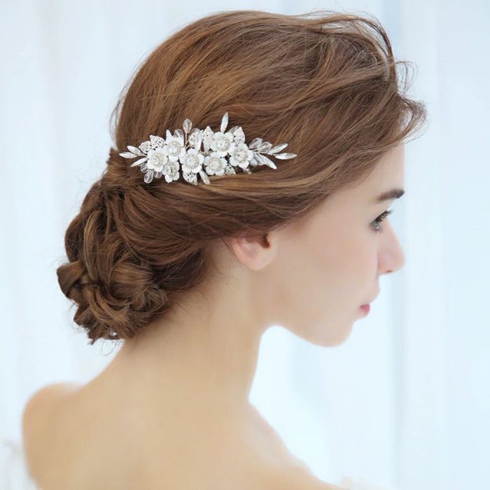 Silver Flowers & Rhinestone Bridal Side Comb - The Wedding Garter
