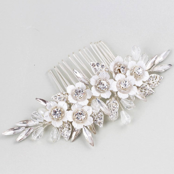 Silver Flowers & Rhinestone Bridal Side Comb - The Wedding Garter