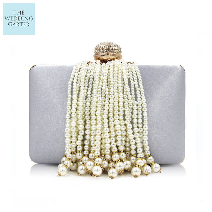 grey satin evening bag