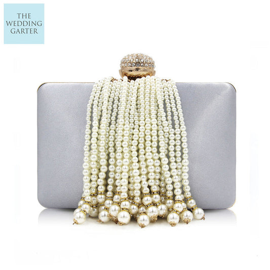 grey satin evening bag