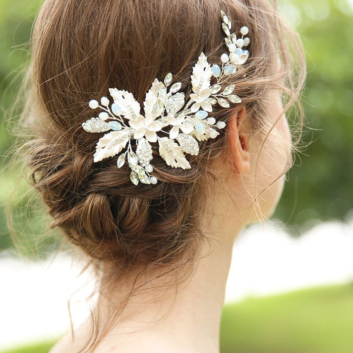 Silver Handpainted Headpiece With Milky Crystals Hair Clip - The Wedding Garter