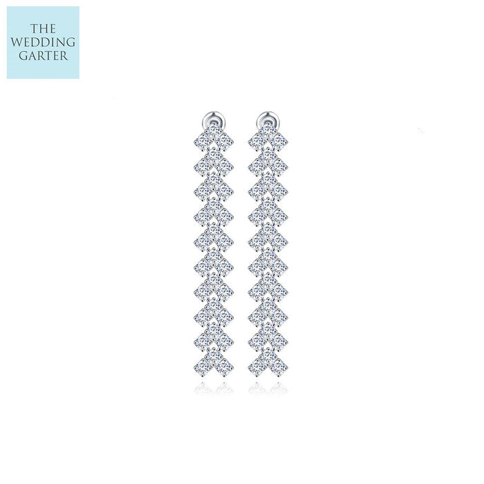 Simple Long Drop Cubic Zirconia Wedding Earrings - The Wedding Garter