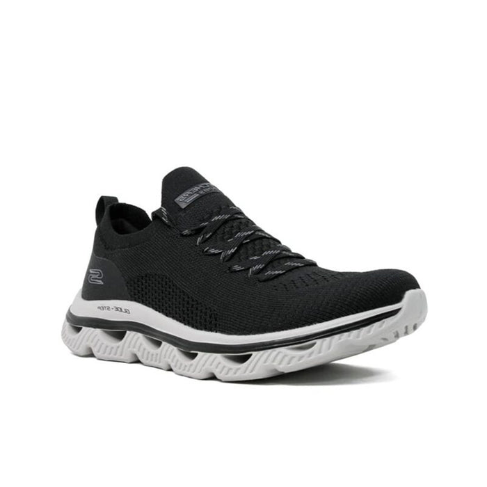Black textile lace-up Skechers Arc Waves women’s sneaker with cushioned sole.
