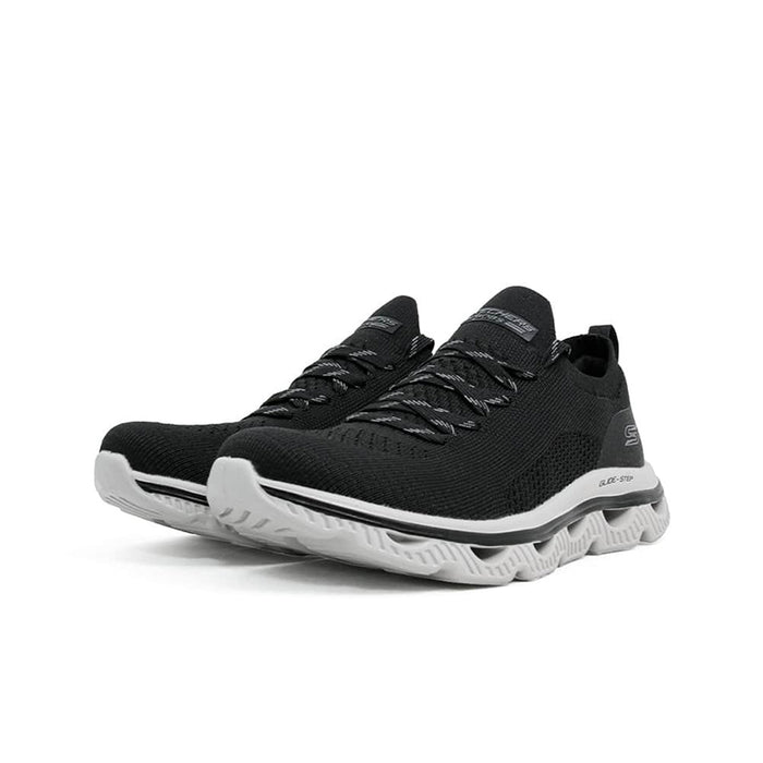 Black textile lace-up Skechers Arc Waves women’s sneaker, side and front view.