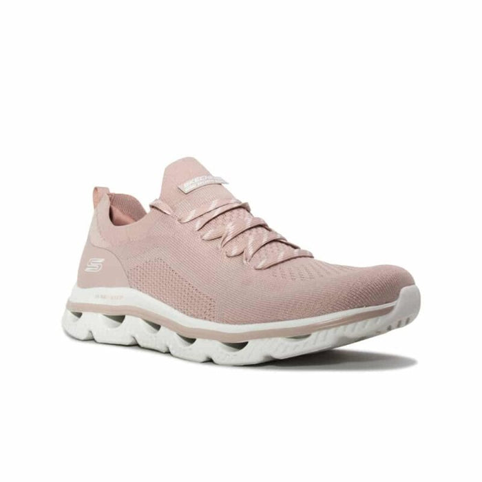 Pink textile lace-up Skechers Arc Waves women’s sneaker with cushioned white sole.