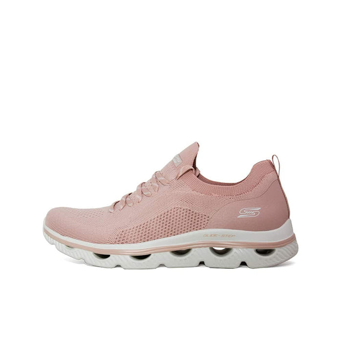 Pink knit Skechers Arc Waves women’s sneaker with lace-up closure and cushioned sole.