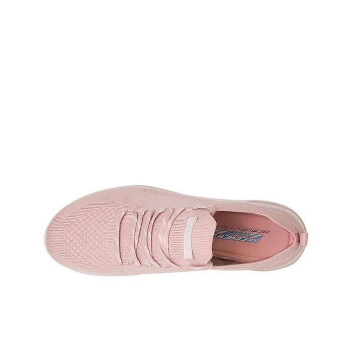 Pink Skechers Arc Waves women’s sneaker, top view of toe and lace area.