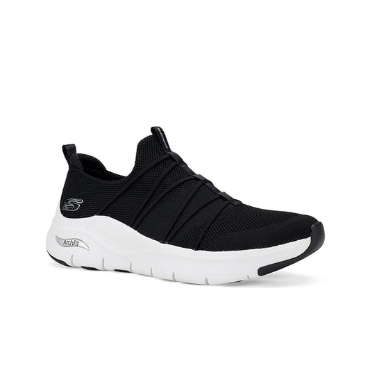 Black knit textile women's sneakers with hook-and-loop straps and white sole