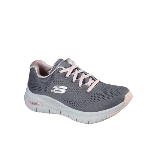 Grey women's textile sneakers with pink laces and white cushioned sole