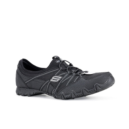 Women's black knit mesh sneaker with lace-up front and Skechers logo detail