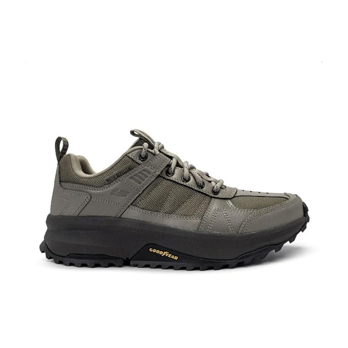 Men's trail sneaker, side view in gray and dark with lace-up and tread sole.