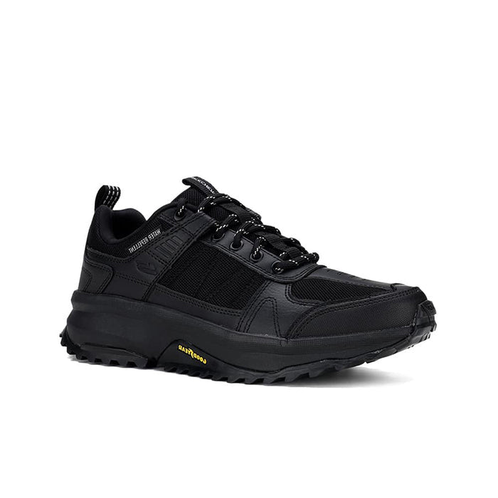 Men's trail sneaker in black with lace-up, textured panels, and chunky tread sole.
