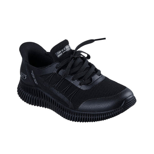 Black women's lace-up knit slip-on sneakers with textured rubber sole and Skechers detail