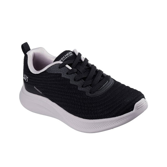 Women's black lace-up knit sneakers with cushioned white sole