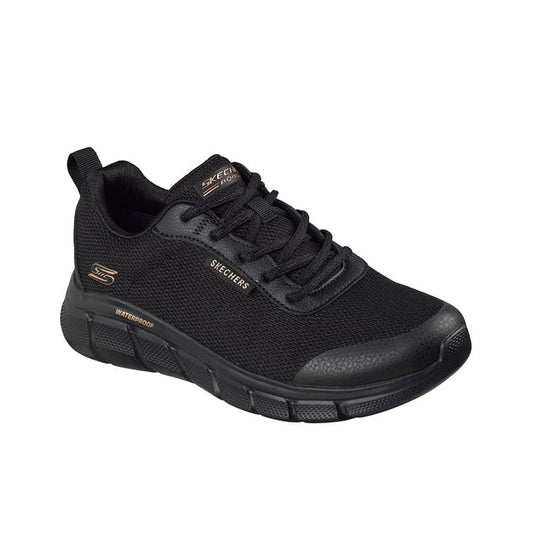 Women's waterproof black lace-up trainers with cushioned sole and mesh upper