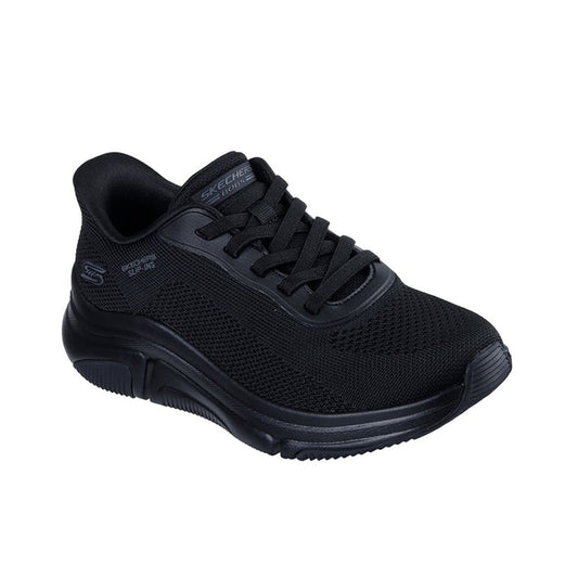 Women's black slip-in sneakers with lace-up front and textured knit upper